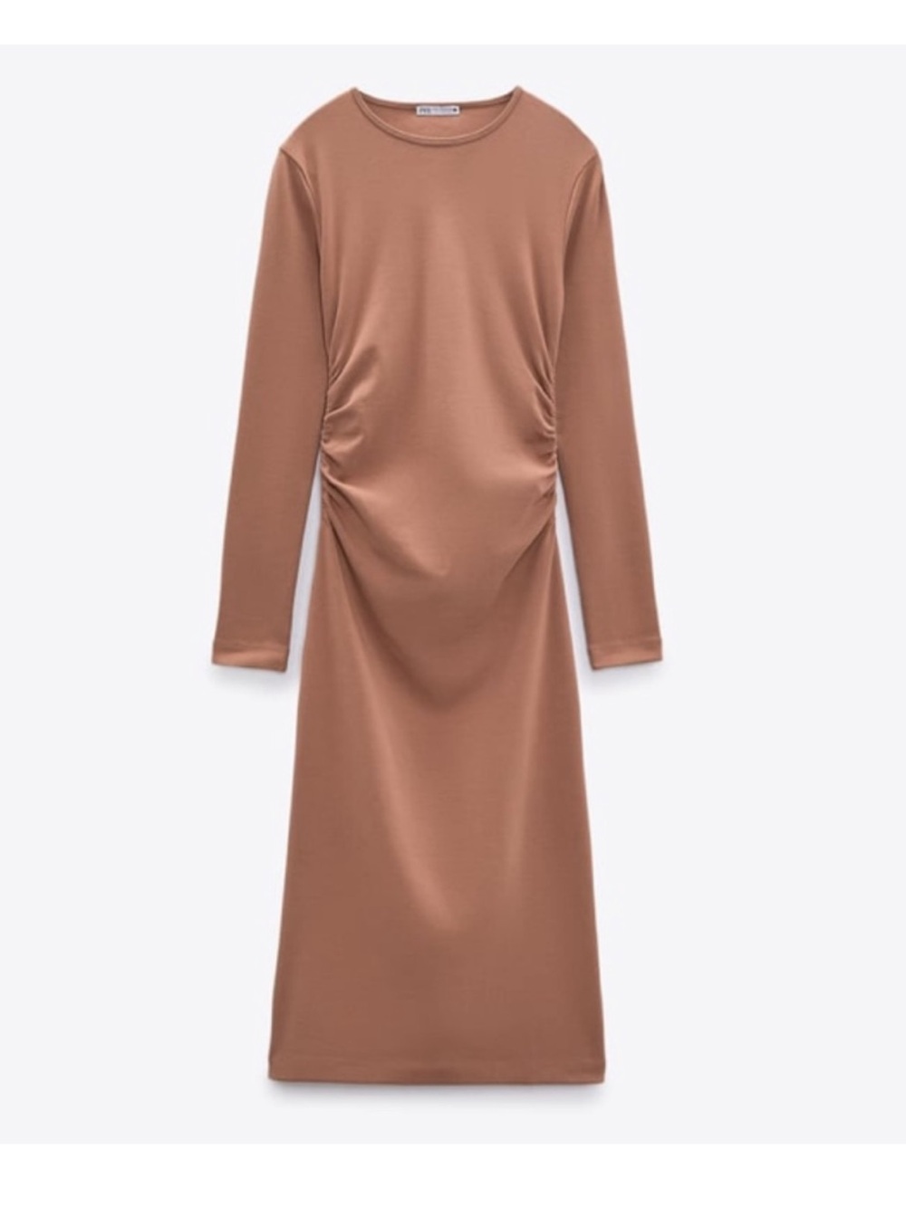 Zara Neutral Brown Gathered Midi Dress Minimalist‎ Quiet Luxury Career Wear M